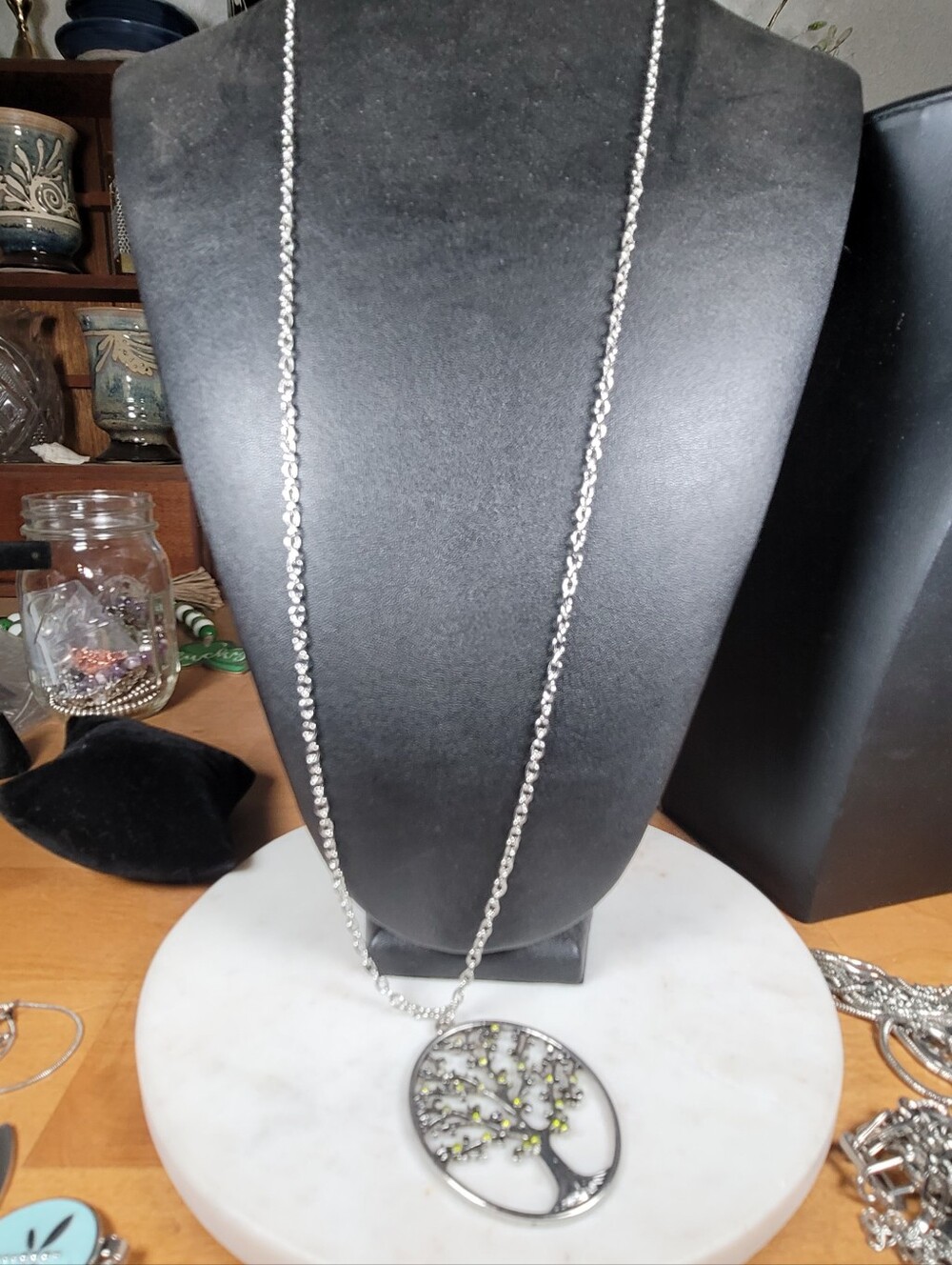 paparazzi Silver Tree of Life Necklace with Green Accents